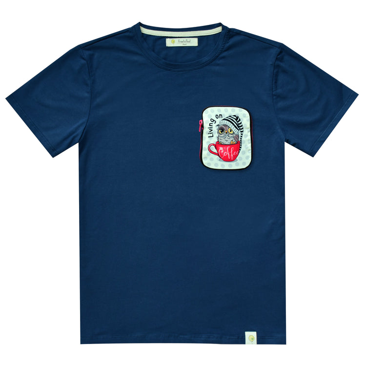 tshirt, short sleeve, blue, coffee, owl, top pocket