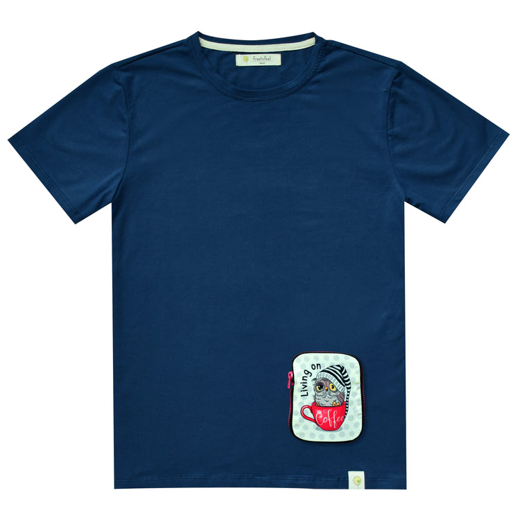 tshirt, short sleeve, blue, coffee, owl, bottom pocket