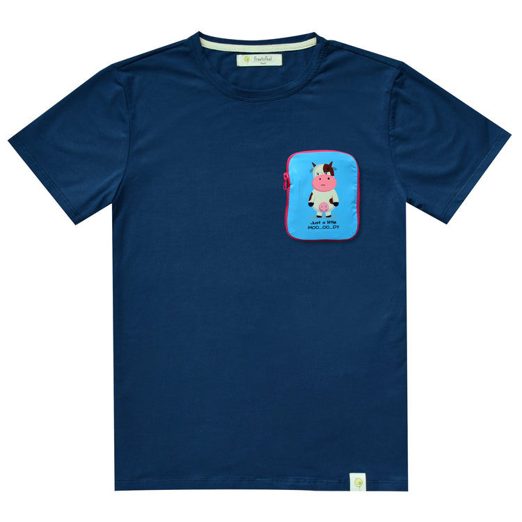 tshirt, short sleeve, blue, moody, cow, top pocket