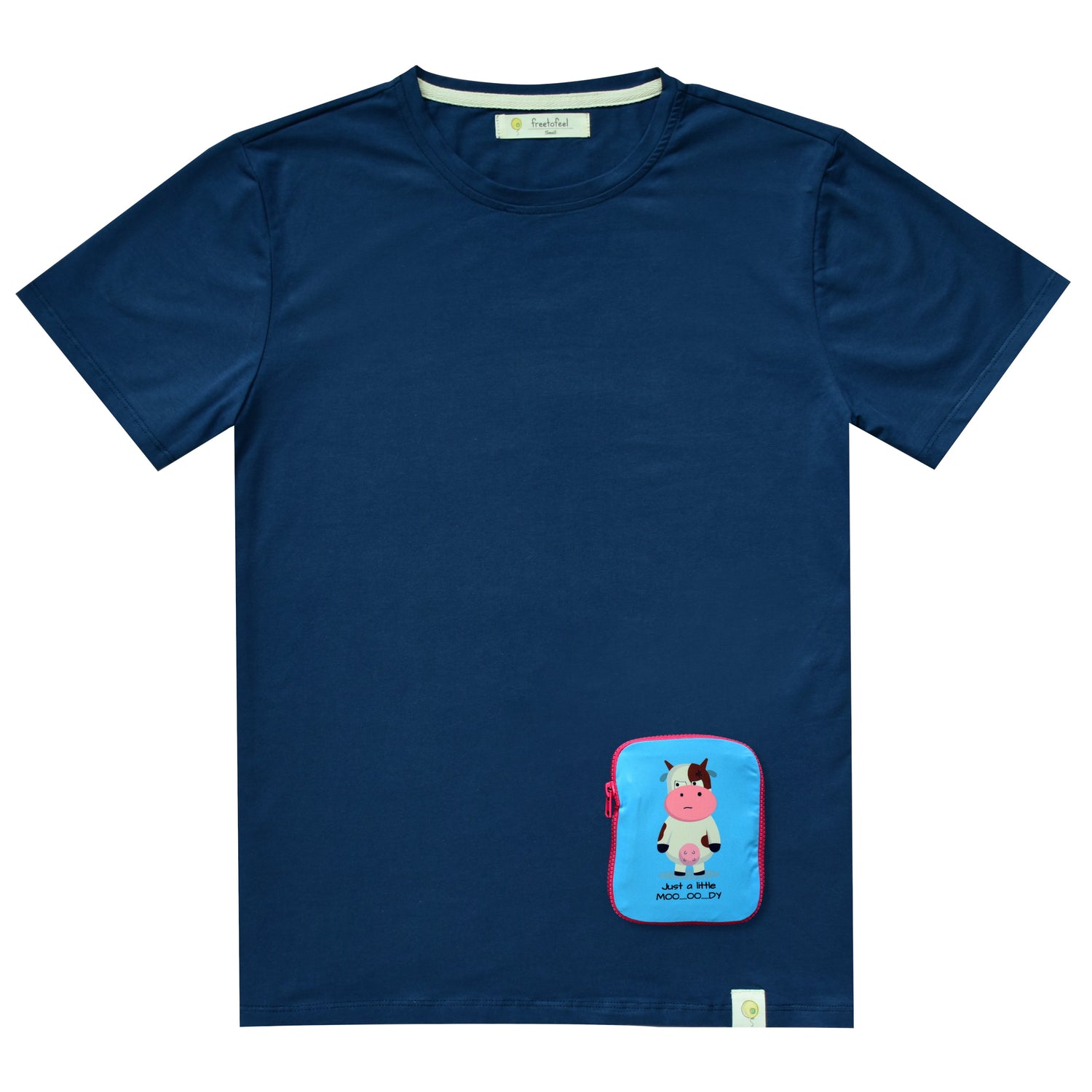 tshirt, short sleeve, blue, moody, cow, bottom pocket