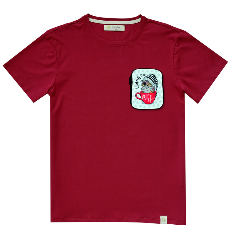 tshirt, short sleeve, red, coffee, owl, top pocket