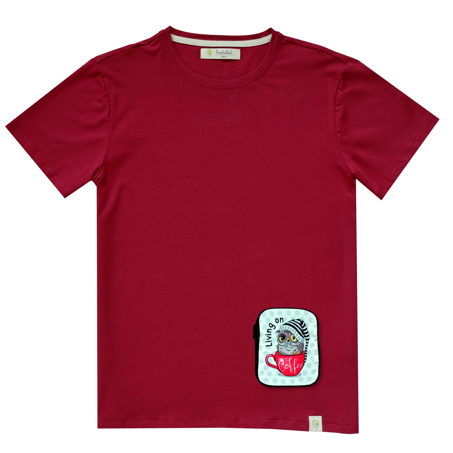 tshirt, short sleeve, red, coffee, owl, bottom pocket