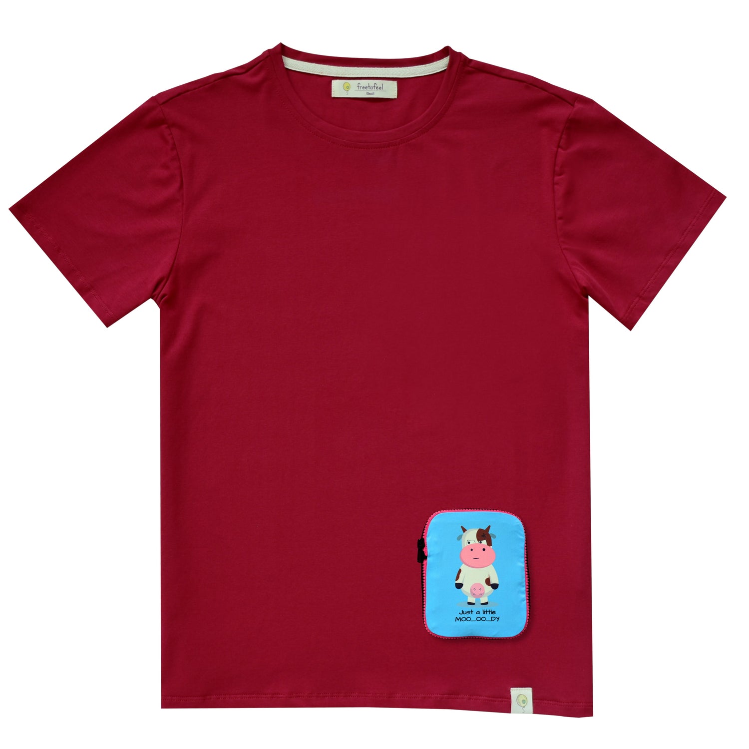 tshirt, short sleeve, red, moody, cow, bottom pocket