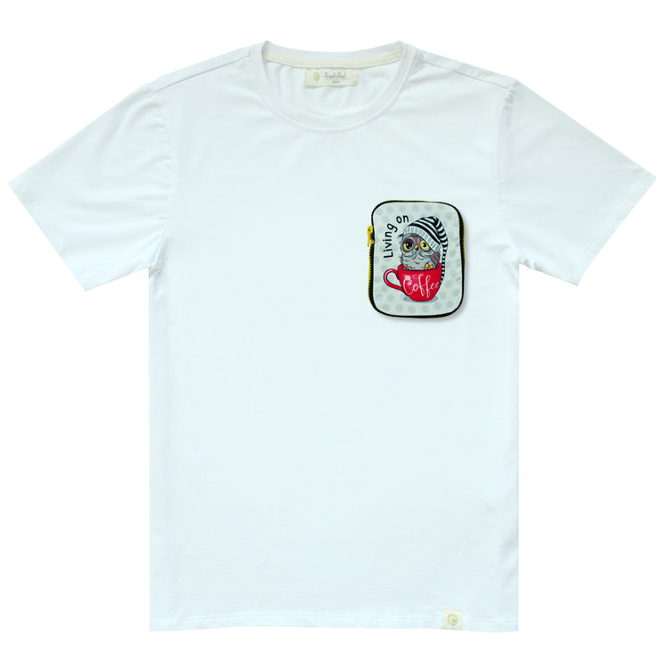 tshirt, short sleeve, white, coffee, owl, top pocket