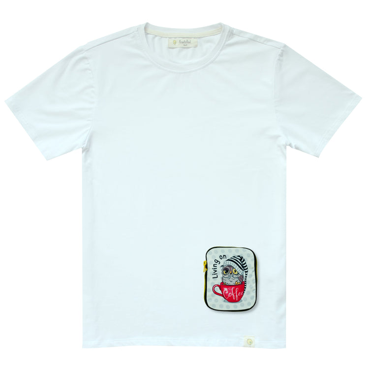 tshirt, short sleeve, white, coffee, owl, bottom pocket